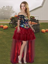  Wine Red A-line Off The Shoulder Sleeveless Organza High Low Lace Up Embroidery and Ruffled Layers Prom Party Dress