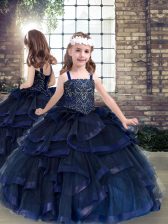  Navy Blue Lace Up Straps Beading and Ruffles Little Girl Pageant Gowns Tulle Sleeveless