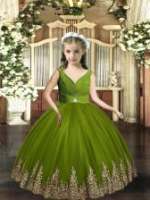 Excellent Sleeveless Floor Length Embroidery Backless Pageant Dress Womens with Olive Green