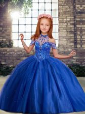 Exquisite Sleeveless Floor Length Beading and Ruffles Lace Up Child Pageant Dress with Royal Blue