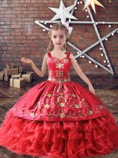New Style Sleeveless Lace Up Floor Length Embroidery and Ruffled Layers Kids Pageant Dress