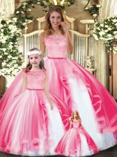  Hot Pink Ball Gowns Tulle Scoop Sleeveless Lace and Ruffles Floor Length Clasp Handle Sweet 16 Quinceanera Dress