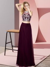  Sleeveless Chiffon Floor Length Backless Prom Dresses in Burgundy with Beading