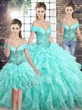 Dazzling Aqua Blue Sweet 16 Quinceanera Dress Military Ball and Sweet 16 and Quinceanera with Beading and Ruffles Off The Shoulder Sleeveless Brush Train Lace Up