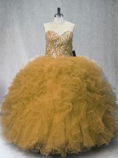  Floor Length Brown Quinceanera Gown Tulle Sleeveless Beading and Ruffles