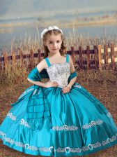  Satin Straps Sleeveless Lace Up Beading and Embroidery Kids Formal Wear in Teal 