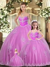  Lilac Tulle Lace Up Sweet 16 Dress Sleeveless Floor Length Beading and Appliques