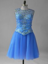 Exquisite Blue Sleeveless Beading and Sequins Mini Length Dress for Prom