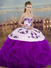 Customized Floor Length Lace Up 15 Quinceanera Dress White And Purple for Military Ball and Sweet 16 and Quinceanera with Embroidery and Ruffles and Bowknot