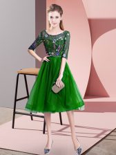 Dramatic Tulle Scoop Half Sleeves Lace Up Embroidery Court Dresses for Sweet 16 in Green