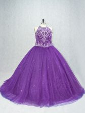 Romantic Scoop Sleeveless Brush Train Lace Up Quinceanera Gowns Purple Tulle