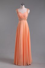 Wonderful Straps Sleeveless Prom Party Dress Floor Length Beading and Ruching Orange Chiffon
