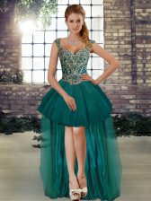Custom Made Beading Prom Dress Dark Green Lace Up Sleeveless High Low
