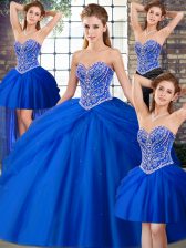  Tulle Sweetheart Sleeveless Brush Train Lace Up Beading and Pick Ups Vestidos de Quinceanera in Royal Blue
