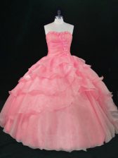 Suitable Watermelon Red Ball Gowns Organza Sweetheart Sleeveless Beading and Ruffles Floor Length Lace Up Sweet 16 Dresses