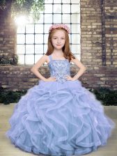 Stylish Beading Little Girl Pageant Dress Light Blue Lace Up Sleeveless Floor Length