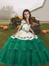 Fantastic Embroidery and Ruffled Layers Little Girl Pageant Gowns Turquoise Lace Up Sleeveless Floor Length