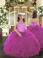  Fuchsia Little Girls Pageant Dress Wholesale Party and Wedding Party with Beading and Ruffles Halter Top Sleeveless Lace Up