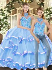  Floor Length Lace Up 15th Birthday Dress Blue for Military Ball and Sweet 16 and Quinceanera with Embroidery and Ruffled Layers