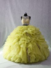 Fine Sleeveless Organza and Sequined Brush Train Zipper Vestidos de Quinceanera in Yellow Green with Beading and Ruffles