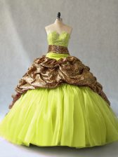 Custom Fit Beading Quinceanera Gown Yellow Green Lace Up Sleeveless Brush Train