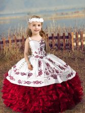 Low Price Wine Red Straps Lace Up Embroidery and Ruffles Kids Formal Wear Sleeveless