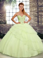 Fitting Yellow Lace Up Vestidos de Quinceanera Beading and Ruffled Layers Sleeveless Brush Train