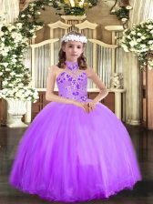 Low Price Halter Top Sleeveless Girls Pageant Dresses Floor Length Appliques Lavender Tulle