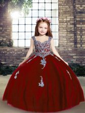 Super Floor Length Red Little Girls Pageant Gowns Straps Sleeveless Lace Up