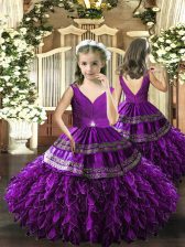 Attractive Eggplant Purple V-neck Backless Beading and Appliques and Ruffles and Ruching Pageant Dresses Sleeveless