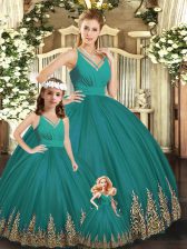 Affordable Embroidery Sweet 16 Quinceanera Dress Turquoise Backless Sleeveless Floor Length