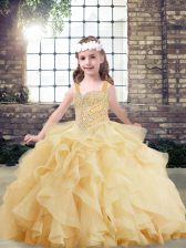 Customized Gold Ball Gowns Straps Sleeveless Tulle Floor Length Lace Up Beading and Ruffles Girls Pageant Dresses