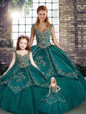  Teal Ball Gowns Tulle Straps Sleeveless Beading and Embroidery Floor Length Lace Up Quinceanera Dresses
