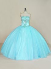 Admirable Aqua Blue Tulle Lace Up Sweet 16 Dress Sleeveless Floor Length Beading