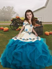 Low Price Organza Straps Sleeveless Lace Up Embroidery and Ruffles Child Pageant Dress in Blue