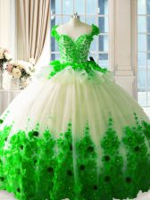  Zipper Quinceanera Gown Green for Sweet 16 and Quinceanera with Hand Made Flower Brush Train