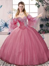 High End Ball Gowns Quinceanera Gowns Pink Sweetheart Tulle Sleeveless Floor Length Lace Up
