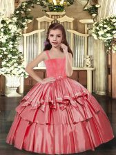 Super Coral Red Taffeta Lace Up Straps Sleeveless Floor Length Little Girls Pageant Dress Wholesale Ruffled Layers