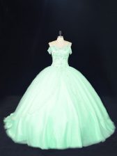 Custom Made Court Train Ball Gowns Sweet 16 Quinceanera Dress Apple Green Off The Shoulder Tulle Sleeveless Lace Up