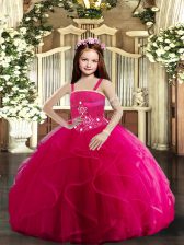 Hot Selling Hot Pink Lace Up Little Girl Pageant Dress Beading and Ruffles Sleeveless Floor Length