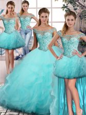 On Sale Aqua Blue Sweet 16 Dress Sweet 16 and Quinceanera with Beading and Ruffles Off The Shoulder Sleeveless Lace Up