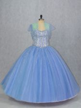 Most Popular Blue Tulle Lace Up Quinceanera Dress Sleeveless Floor Length Beading