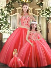 Coral Red Lace Up Halter Top Embroidery Sweet 16 Quinceanera Dress Tulle Sleeveless