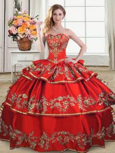 Spectacular Red Satin and Organza Lace Up Quinceanera Gowns Sleeveless Floor Length Embroidery and Ruffled Layers