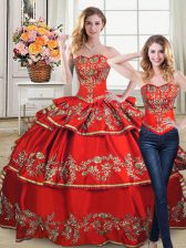 Adorable Red Lace Up Sweetheart Embroidery and Ruffled Layers Quinceanera Gown Satin and Organza Sleeveless