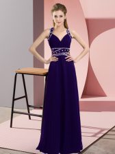 Perfect Sleeveless Chiffon Floor Length Backless Homecoming Dress in Purple with Beading