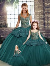 Fitting Ball Gowns 15th Birthday Dress Green Straps Tulle Sleeveless Floor Length Lace Up