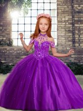  Purple Ball Gowns Beading Child Pageant Dress Lace Up Tulle Sleeveless Floor Length