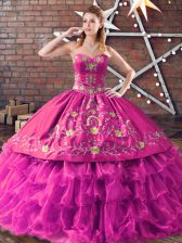  Embroidery Quince Ball Gowns Fuchsia Lace Up Sleeveless Floor Length