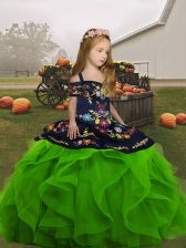 Classical Green Straps Lace Up Embroidery and Ruffles Little Girl Pageant Dress Sleeveless